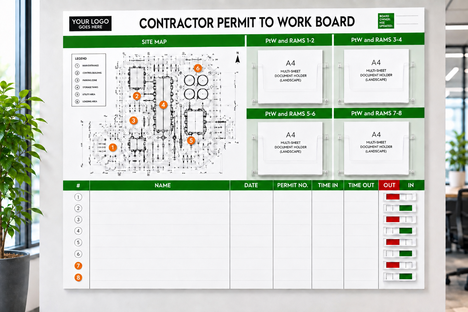 Contractor Management Board with In/Out Status Sliders, Site Map and Document Holders