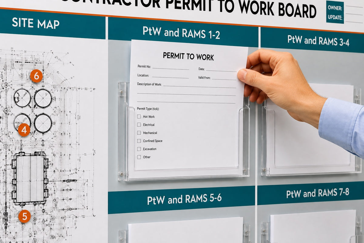 Contractor Management Board with In/Out Status Sliders, Site Map and Document Holders