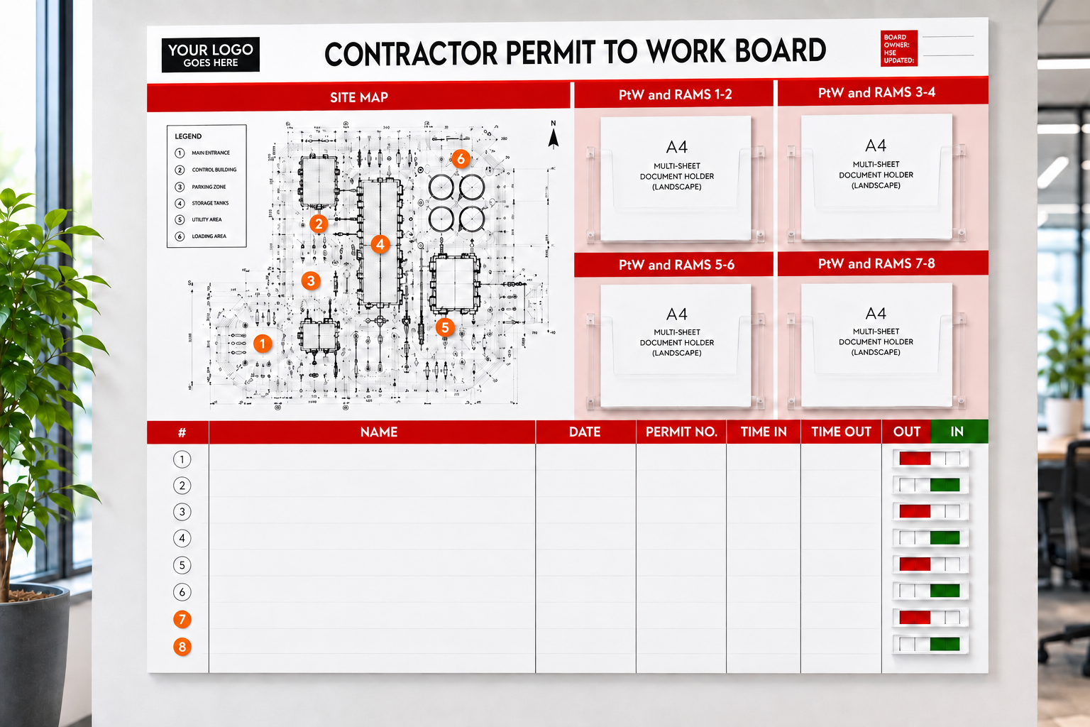 Contractor Management Board with In/Out Status Sliders, Site Map and Document Holders