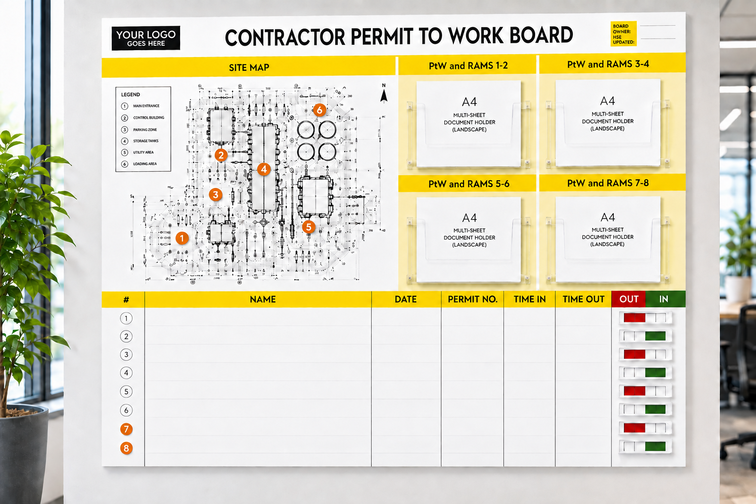 Contractor Management Board with In/Out Status Sliders, Site Map and Document Holders