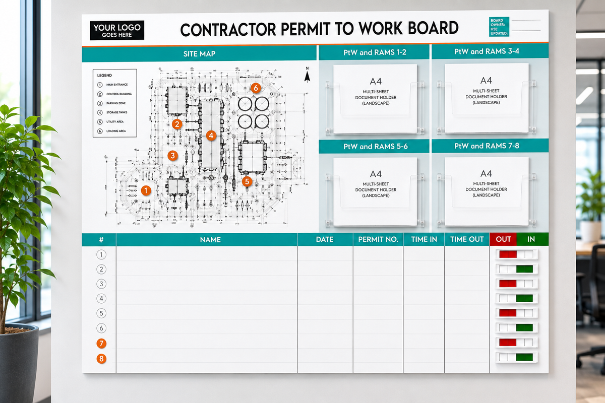 Contractor Management Board with In/Out Status Sliders, Site Map and Document Holders