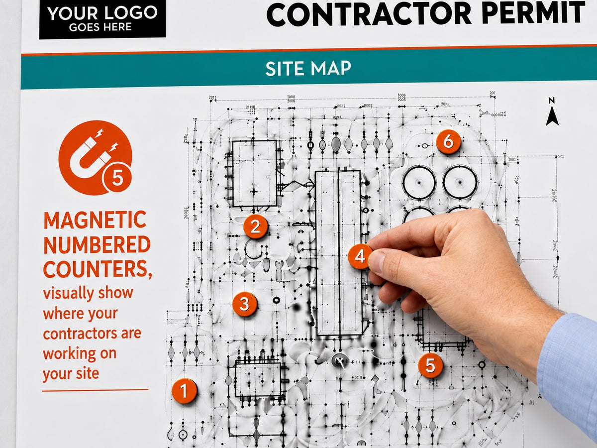 Contractor Management Board with In/Out Status Sliders, Site Map and Document Holders